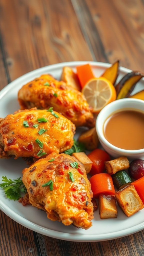 Trader Joe Crispy air fryer chicken on a plate with roasted vegetables and herbs.
